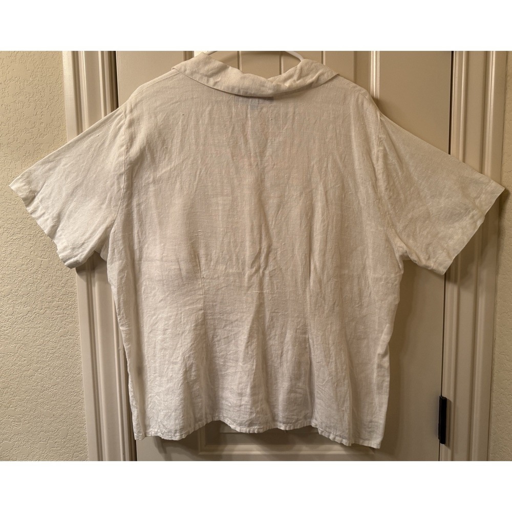 FLAX 100% Linen White Short Sleeve Button Down Shirt Blouse Lagenlook - Large - Picture 3 of 7